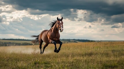 Majestic Brown Horse Galloping Through Open Field Under Dramatic Sky