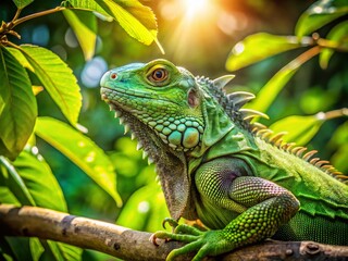 Obraz premium Green Iguana Lizard Basking on Tree Branch in Lush Tropical Rainforest