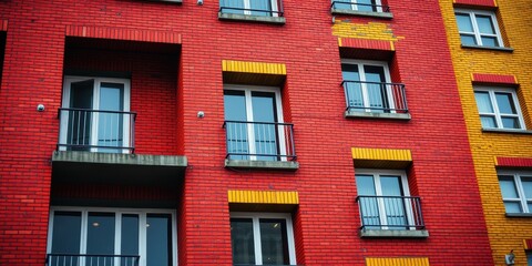 Fototapeta premium Vibrant Red and Yellow Brick Apartment Building Exterior with Balconies