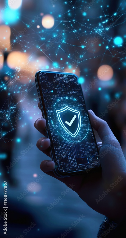 Aufkleber cybersecurity mobile protection: digital shield on smartphone