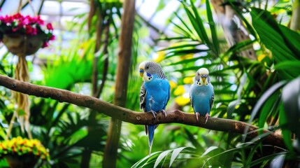 Fototapeta premium Two Colorful Budgerigars Perched on a Branch in Lush Greenery