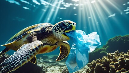 A turtle underwater mistaking a floating plastic bag for food, illustrating the dangers of ocean plastic pollution.
