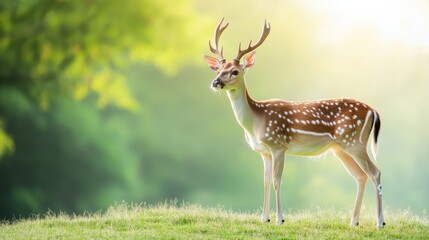 Majestic spotted deer standing on lush green meadow in sunlight