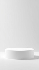 Minimalist white round pedestal for product display on a clean white background, 3D rendering.