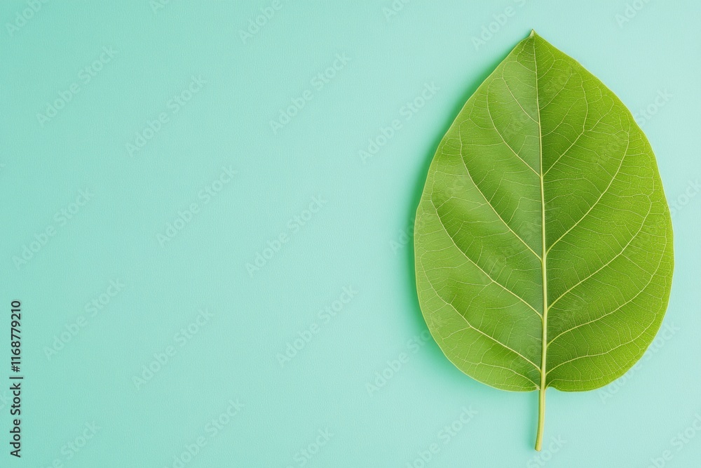 Canvas Prints Minimalist Capture of a Single Green Leaf on a Soft Blue Background