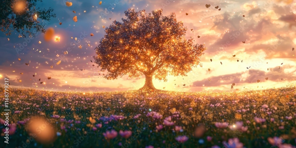 Poster Tree is in a field of flowers