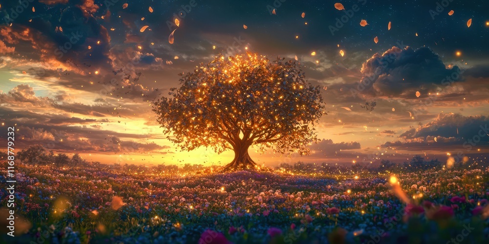 Poster Tree with many leaves is lit up with lights