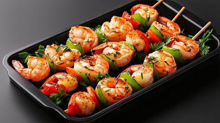 Grilled shrimp and bell pepper skewers on a black tray.