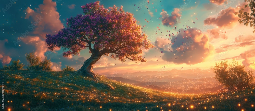 Poster Tree with pink leaves is in the foreground of a field