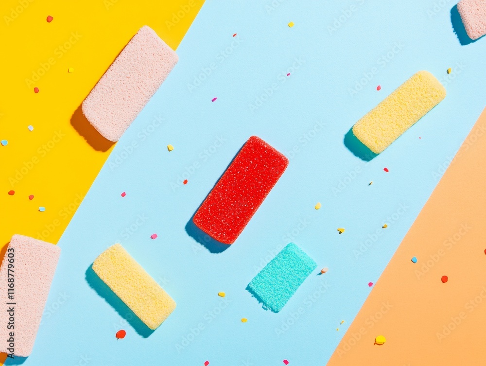 Poster colorful sponges on vibrant background with scattered confetti in abstract arrangement