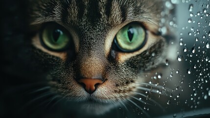 Close-Up of Cat Face with Striking Green Eyes Behind Rain-Drenched Glass