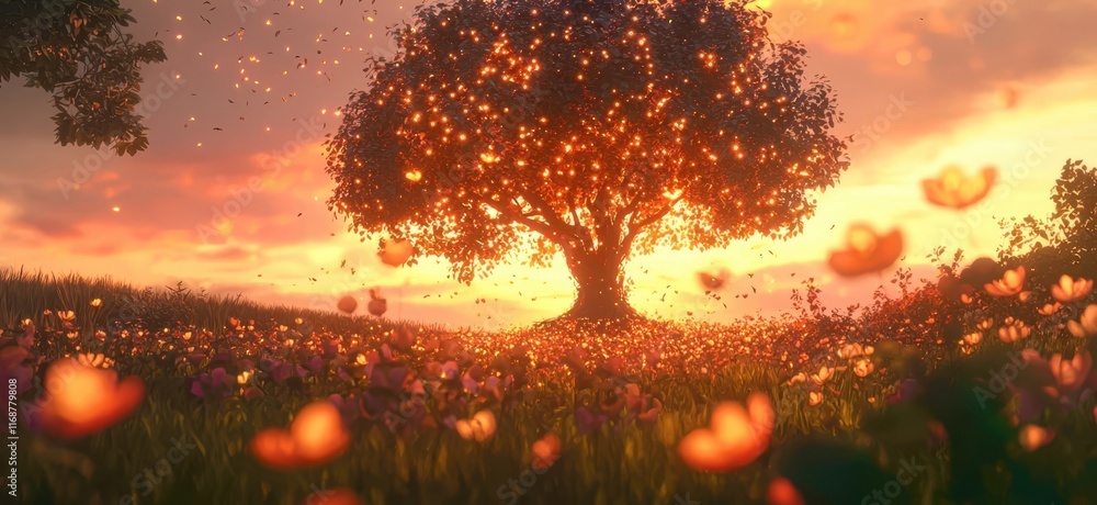 Poster Tree with many flowers in the background