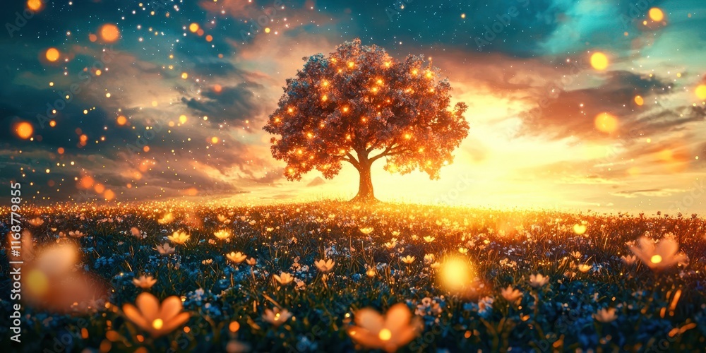Poster Tree is lit up with lights in a field