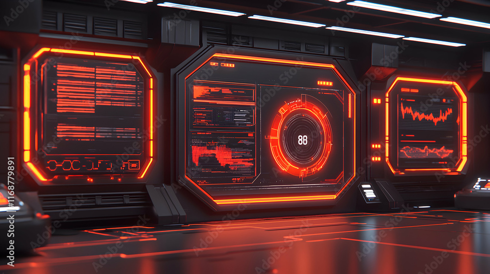 Poster futuristic control room with glowing red screens displaying data, graphs, and system information. pe