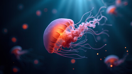 Obraz premium Glowing Jellyfish Swimming Underwater