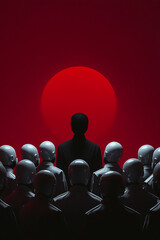 Obraz premium Black figure in contrast with white mannequins, silhouetted against a red background.