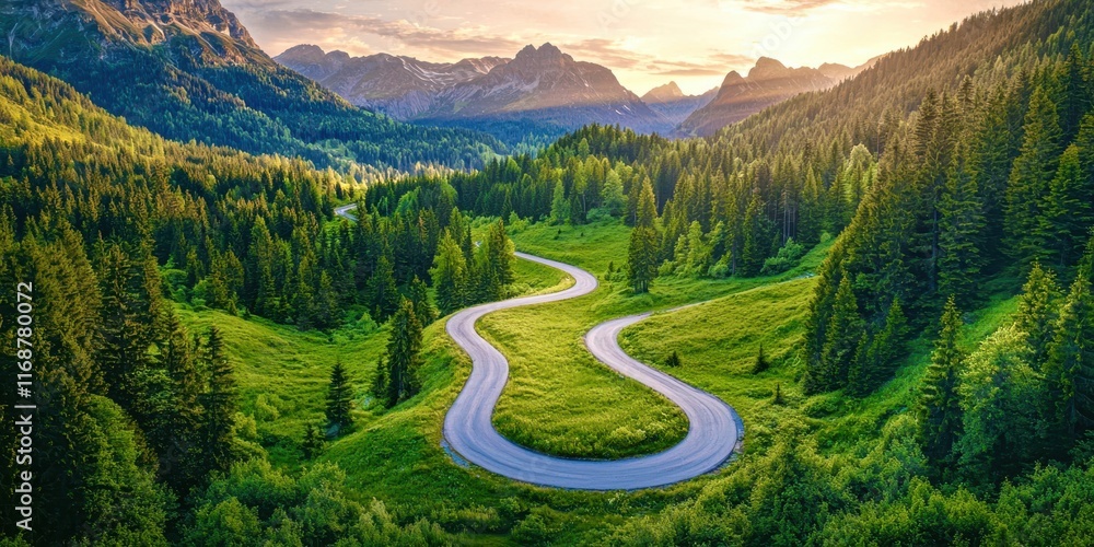 Poster winding road in a forest with trees on both sides