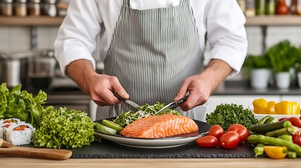 Chef preparing salmon fillet with fresh vegetables on a plate.