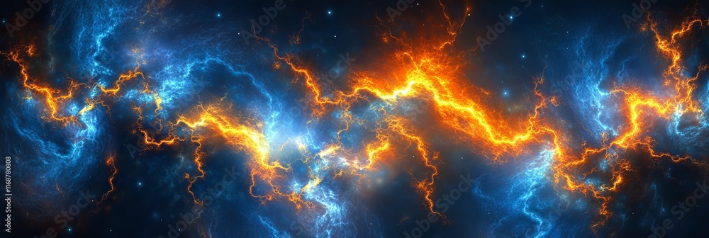 Poster cosmic abstract neural network pattern of glowing orange, blue fractal lines resembling a nebula