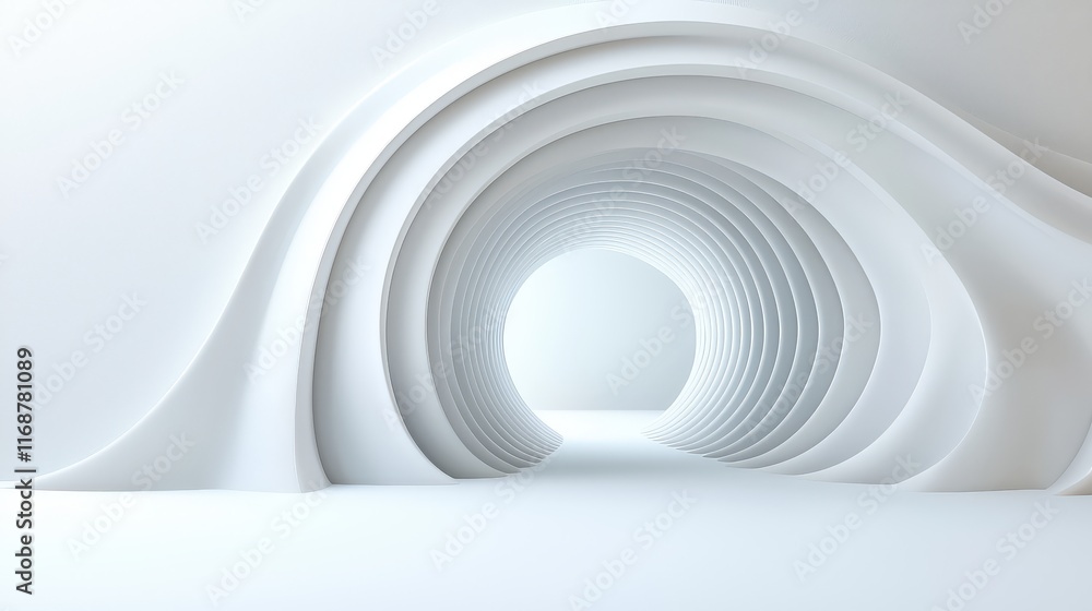 Poster exaggerated forms of geometric shapes spiraling into a tunnel, creating depth and dimension, set aga