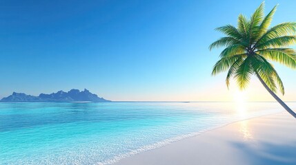 Fototapeta premium Serene beach scene with palm tree and distant mountains at sunrise.