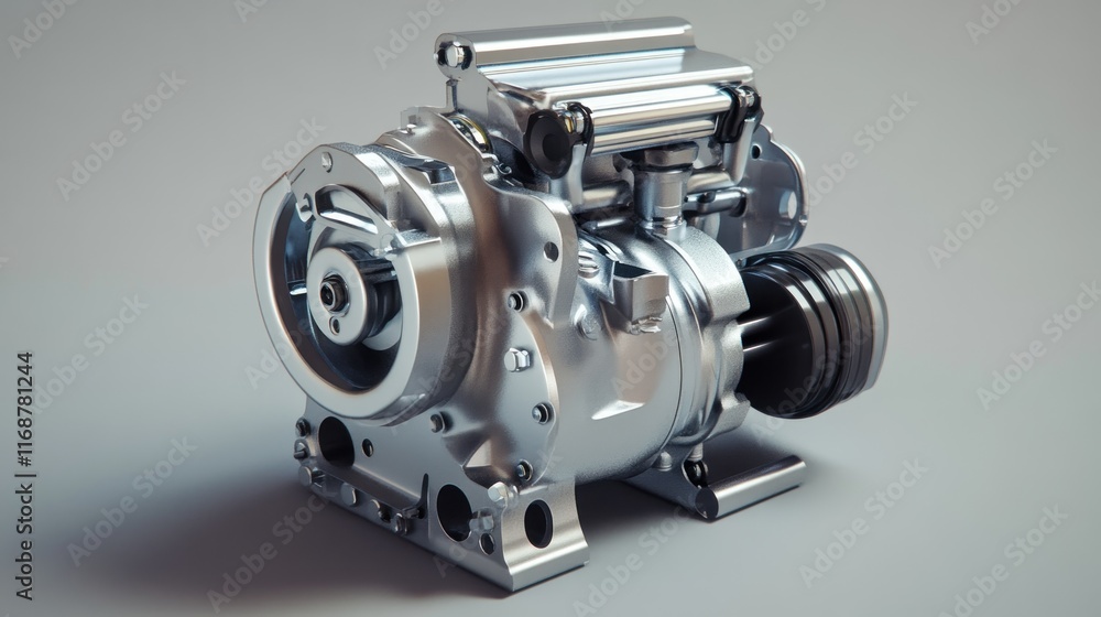Poster a detailed rendering of a mechanical turbocharger used in automotive engines.