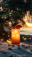 Beautiful tropical cocktail at sunset on the beach with palm leaves and twinkling lights