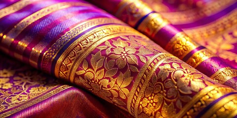 Macro Photography of Vibrant Kanchipuram Silk Saree with Intricate Gold Weave