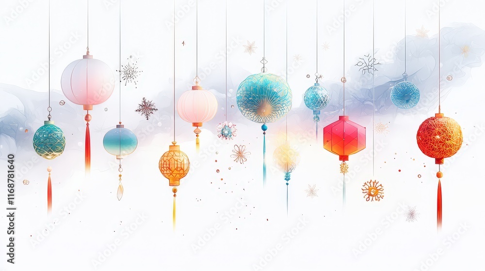 Poster modern artistic depiction of year lanterns with intricate patterns, placed against a white backgroun