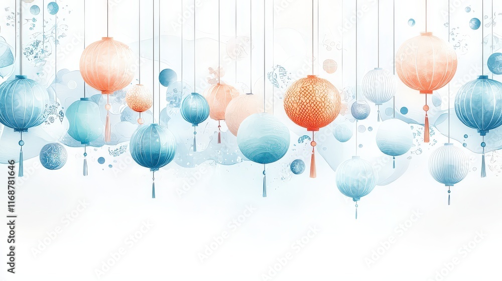 Poster modern artistic depiction of year lanterns with intricate patterns, placed against a white backgroun