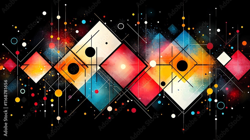 Canvas Prints Abstract colorful geometric design with squares, circles, and lines on black background.