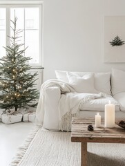 Minimalist Christmas Living Room Decor With White Sofa And Tree
