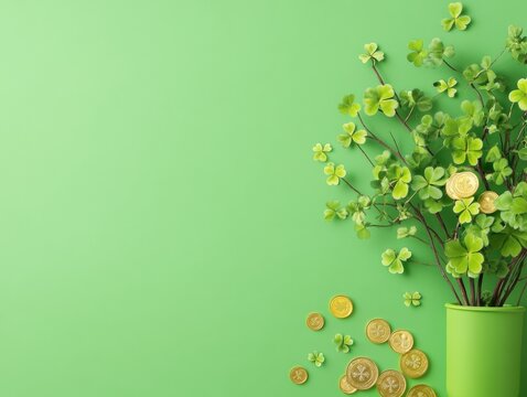 Festive Green Tree with Shamrock Ornaments and Gold Coins for St. Patricks Day, Easter, and Christmas Celebrations