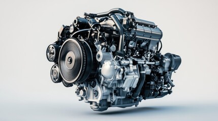 A detailed rendering of a modern internal combustion engine showcasing its components.