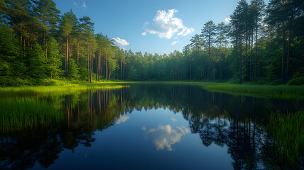 Obraz premium Photography of a tranquil forest lake surrounded by tall pines, the surface of the water reflecting the trees and sky like a perfect mirror.