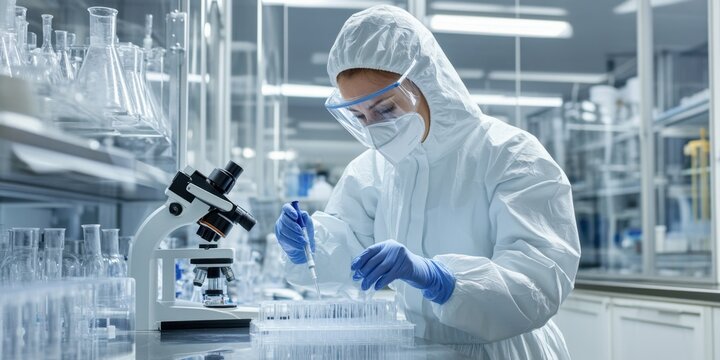 Scientist in protective gear conducting experiment in advanced laboratory