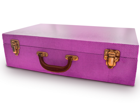 Classic pink retro travel suitcase, blue with gold fittings, side view, isolated on white background. Old rare suitcases with a crochet pattern. Traveling with a suitcase