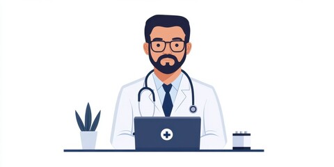 Fototapeta premium Professional healthcare provider at work with laptop in modern office setting