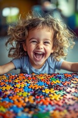 Child joyfully plays with colorful puzzle pieces indoors during a bright afternoon