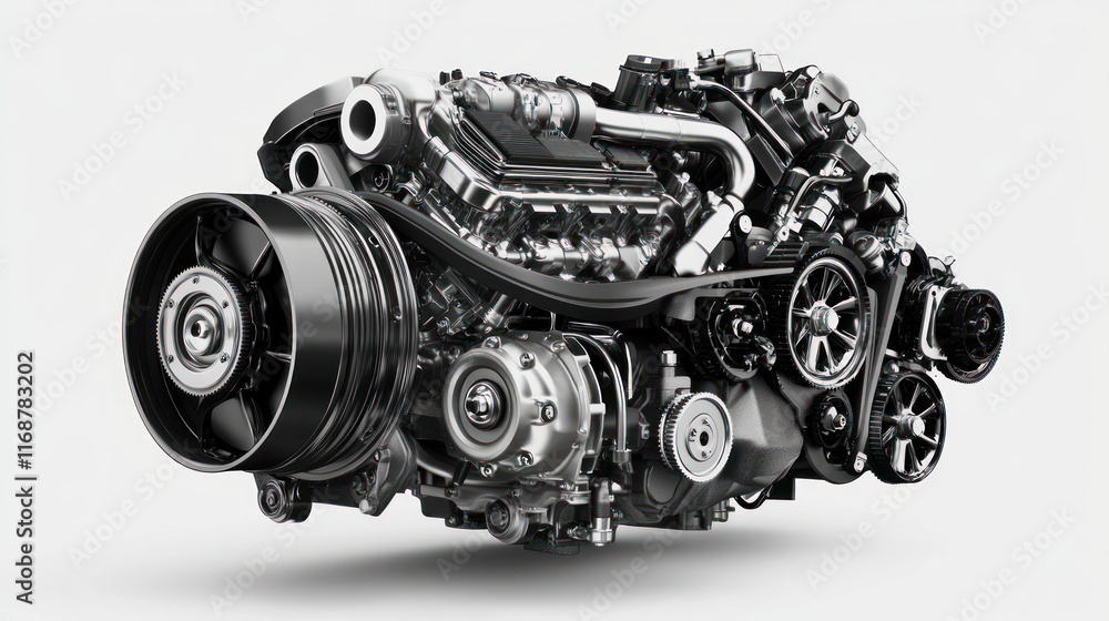 Poster a detailed rendering of an automotive engine showcasing its mechanical components.