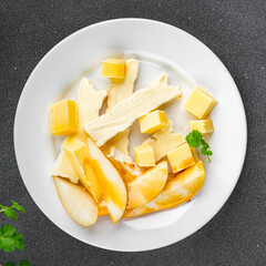 Cheese plate French cheeses fresh tasty food dish delicious gourmet food background on the table rustic food top view copy space