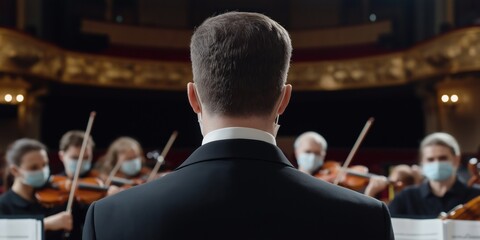 Fototapeta premium A man in a suit stands in front of a group of musicians. The man is wearing a mask and he is a conductor. The musicians are all wearing masks as well. The scene is set in a concert hall