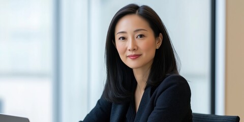 A woman is sitting at a desk with a laptop in front of her. She is wearing a black jacket and has her hair pulled back