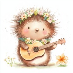 Adorable porcupine with a floral crown playing a guitar, standing against a white background