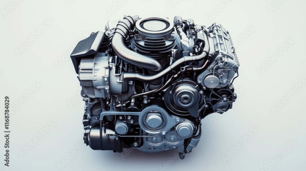 Poster a detailed view of a complex automotive engine showcasing its components and design.