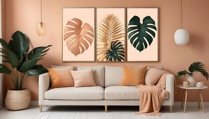Tropical Leaf Artwork Adorns Modern Beige Living Room
