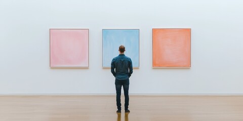Fototapeta premium A person contemplating modern art in a minimalist gallery setting.