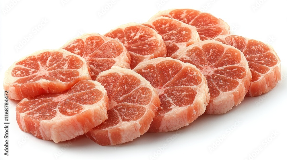 Poster sliced pink grapefruit arranged in a neat pile.