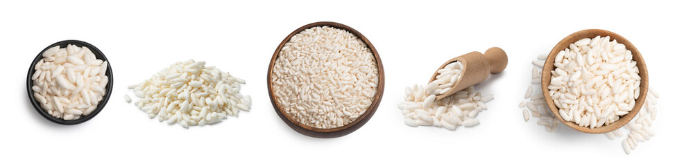 Crispy puffed rice isolated on white, set
