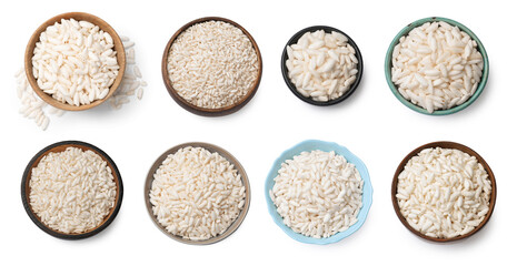 Crispy puffed rice in bowls isolated on white, set. Top view